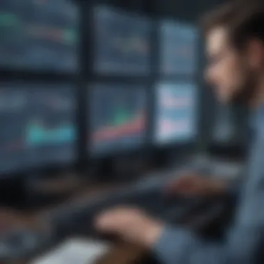 Investor analyzing real-time stock data on multiple screens