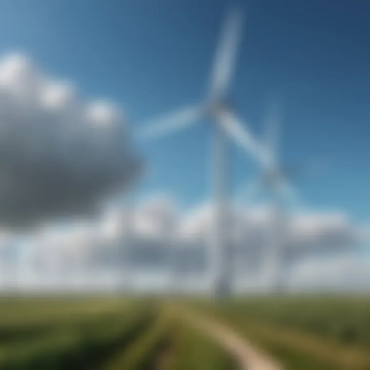 A wind turbine farm set against a clear blue sky highlighting sustainable energy generation