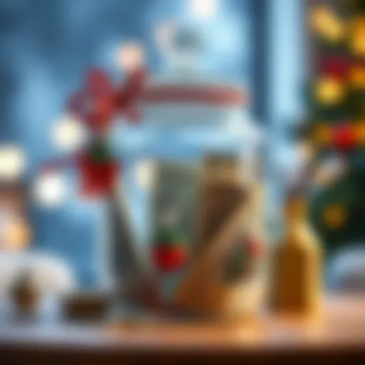 Festive savings jar filled with holiday decorations and cash