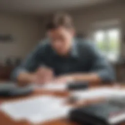 A person contemplating auto finance options with a calculator and paperwork