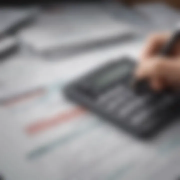 A person analyzing a financial statement with a calculator.