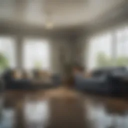 A flooded living room showcasing the aftermath of water damage.